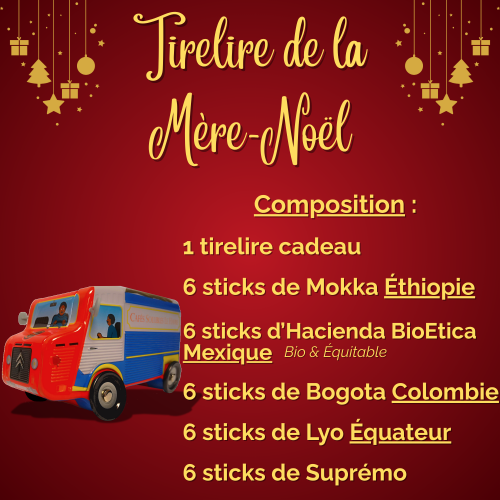 Offre de Noël - La tirelire de la Mère Noël - 30 sticks de café lyophilisés - café 100% arabica - 5 références de café 