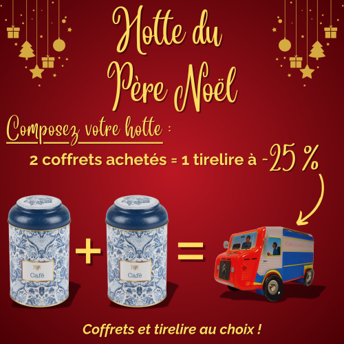 Offre de Noël - Hotte du Père Noël - 2 coffrets achetés = 1 tirelire à -25% - sticks de café lyophilisés - café pure origine - c